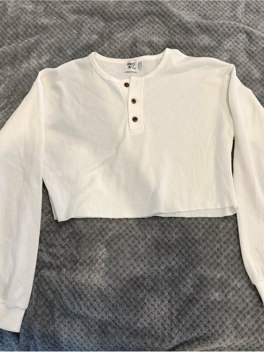 Princess Polly White Waffle Henley Cropped Long Sleeve Top